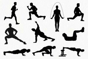 Male Gym Fitness freehand workout Silhouette set vector