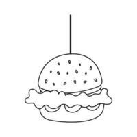 Cartoon chicken burger fast food doodle. Outline burger, street food concept, line art, sketch, template. Black and white icon. Hand drawn illustration isolated on white background. vector