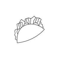 Cartoon tortilla fast food doodle. Outline tortilla wrap, street food concept, line art, sketch, template. Black and white icon. Hand drawn illustration isolated on white background. vector