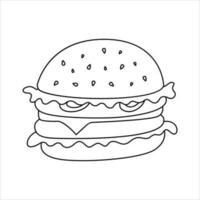Cartoon hamburger fast food doodle. Outline burger, street food concept, line art, sketch, template. Black and white icon. Hand drawn illustration isolated on white background. vector