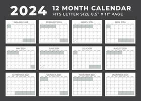 Calendar template for 2024. Week starts on Sunday. 12 Month Calendar. Blank Calendar Months. Fit Letter Size Pages. Stationery design. Vector illustration.