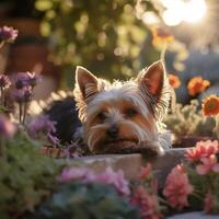 Yorkshire terrier perro mentiras en el jardín entre el flores, ai generativo foto