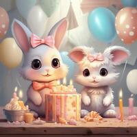 Cartoon style illustration little white bunnies celebrating a birthday, AI Generative photo