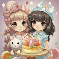 cartoon style illustration little girls girlfriends celebrating birthday, AI Generative photo