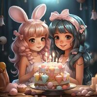 cartoon style illustration little girls girlfriends celebrating birthday, AI Generative photo