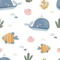 Seamless pattern with cartoon whales and fishes on a light background, vector in a flat style.