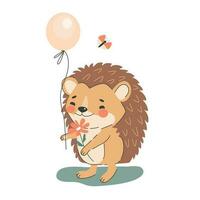 Cute cartoon hedgehog with balloon and flower, flat style vector illustration.
