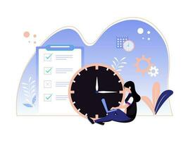 Planning concept. woman sitting by doing a job with a deadline. vector illustration of work process event schedule.