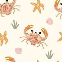 Seamless pattern with cartoon crabs and starfish on a light background, vector. vector