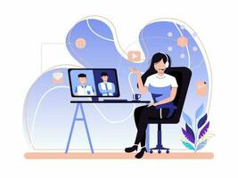 Online virtual video meeting. woman chatting with friends in a group through a monitor. Vector illustrations for video conferencing, podcasts, technology concepts.