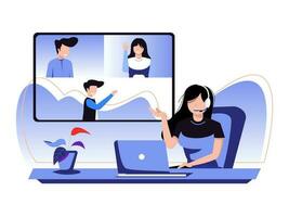 Online video podcast. Woman delivering news in front of a laptop screen with the widest internet network. Vector illustration for video conferencing, technological concepts.