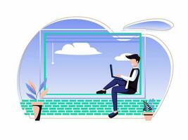 Man working from home, student or freelance worker sitting at the window. vector illustration in flat style.