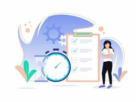 Woman planning concept. Entrepreneurship and time schedule. Vector illustration of woman thinking time for business and organizing office work processes.