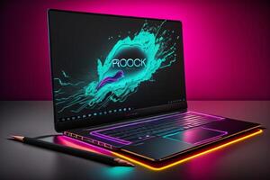 , Realistic Laptop Neon Effect, Image photo