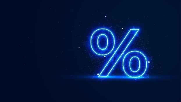 Futuristic glowing percent sign with plexus lines and glitter particles. Percentage mark in the neon light style. 3D abstract copy space in the night view. Futuristic interest rate wallpaper vector