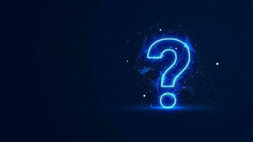 Futuristic glowing question mark with plexus lines and glitter particles. A question mark in the neon light style. 3D abstract copy space in the night view. Digital technology background vector