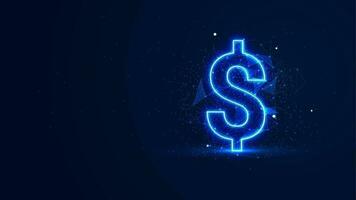 Futuristic glowing dollar sign with plexus lines and glitter particles. A dollar symbol in the neon light style. 3D abstract copy space in the night concept. Digital technology background vector