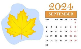 September Monthly calendar 2024 with a leaf vector