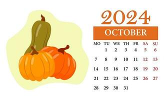 October Monthly calendar 2024 with a pumpkin vector