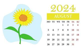 August Monthly calendar 2024 with a sunflover vector