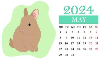 mayo mensual calendario 2024 con un Conejo vector