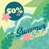 Colored summer sale template with top view of beach and summer leaves Vector