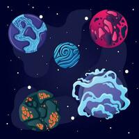 Set of colored sci fi planets on a universe background Vector