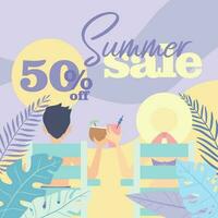 Summer sale discount poster with a couple relaxing at beach Vector