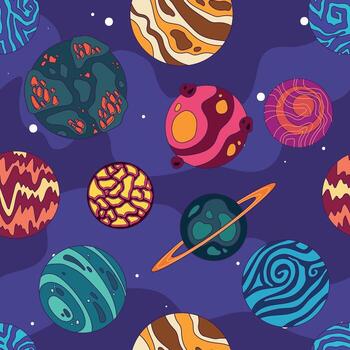Set of colored sci fi planets on a universe background Vector
