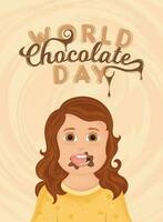 Cute girl eating chocolate Happy world chocolate day template Vector