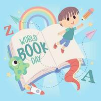 Isolated open book with sci fi icons and a cute boy World book day Vector