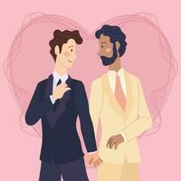 Isolated cute homosexual wedding couple characters on a heart shape Vector