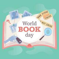 Isolated open book with detective icons World book day Vector