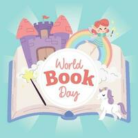 Isolated open book with fantasy icons World book day Vector