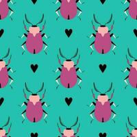 Pink beetles on the bright background. Seamless pattern with cartoon elements. vector