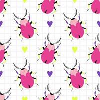 Funny pink bugs with bright hearts on a checkered background. Seamless pattern with cartoon elements. vector