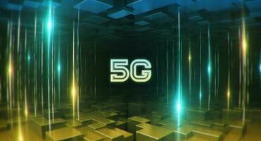 Illustration of 5G network with lines and blocks on background. 5G network wireless system. photo