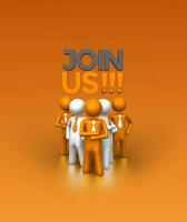 JOIN US text and 3D people with portrait orientation, orange and white color with orange background. photo