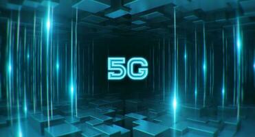 Illustration of 5G network with lines and blocks on background. 5G network wireless system. photo