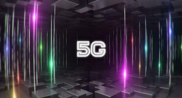 ilustración de 5g red con líneas y bloques en antecedentes. 5g red inalámbrico sistema. foto