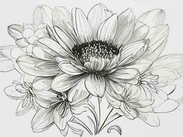 Vector line art drawing of black and white floral illustration.