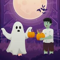 Happy Halloween background design vector with kids in ghost and vampire costumes.