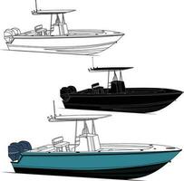 High quality line drawing vector fishing boat. Black, white and color illustration