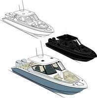 High quality line drawing vector fishing boat. Black, white and color illustration