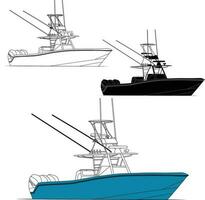 High quality line drawing vector fishing boat. Black, white and color illustration