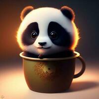 muy linda minúsculo panda personaje dentro un Bebiendo taza, borde Encendiendo, adorable grande ojos, pequeño foto