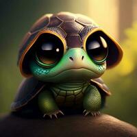 Very cute tiny turtle with eye glasses, rim lighting, adorable big eyes, small photo