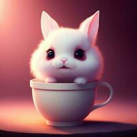 Very cute tiny white rabbit character smiling inside a pink drinking cup photo