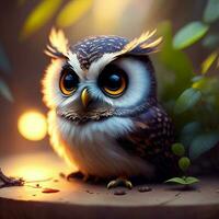 Very cute tiny, an owl that playing in a art room with plants., rim lighting, adorable big eyes, small photo