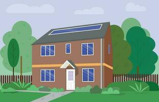 two-story house with a fence, trees and a path. Simple flat illustration vector